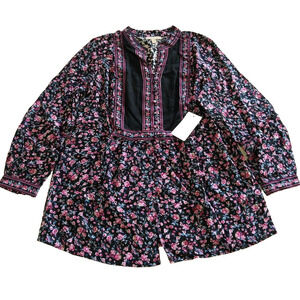 Woman Within Button Front Mixed Print Tunic Plus Size 18/20 NWT Black Floral